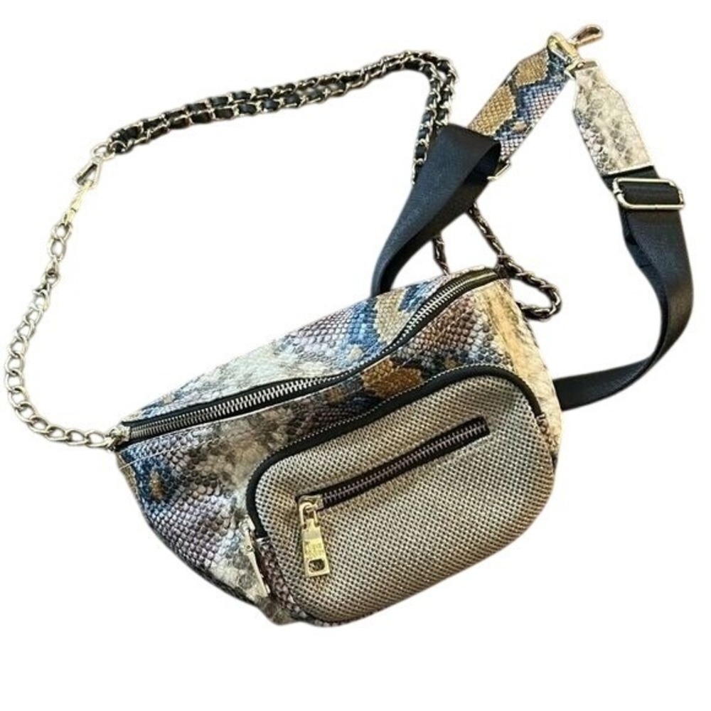 Snake Print Belt Bag/Convertible Crossbody Heavy‎ Gold Chain & Wide Guitar Strap